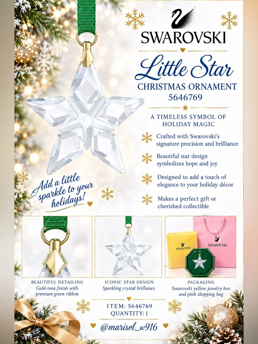 Swarovski Little Star Crystal Ornament with Green Ribbon and Gold-Tone Detail